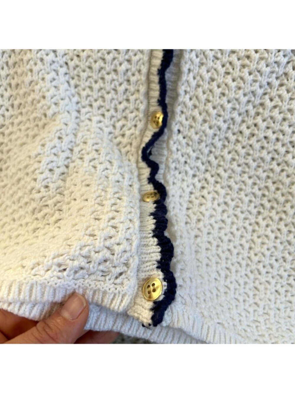 J.Crew Women's Sz M Cardigan With Navy Trim & Gold Buttons Short-Sleeve Collared - Picture 5 of 10
